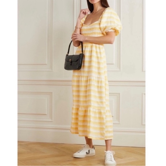 NWT FAITHFULL THE BRAND Gianna Shirred Checked Linen Midi Dress - Picture 1 of 15